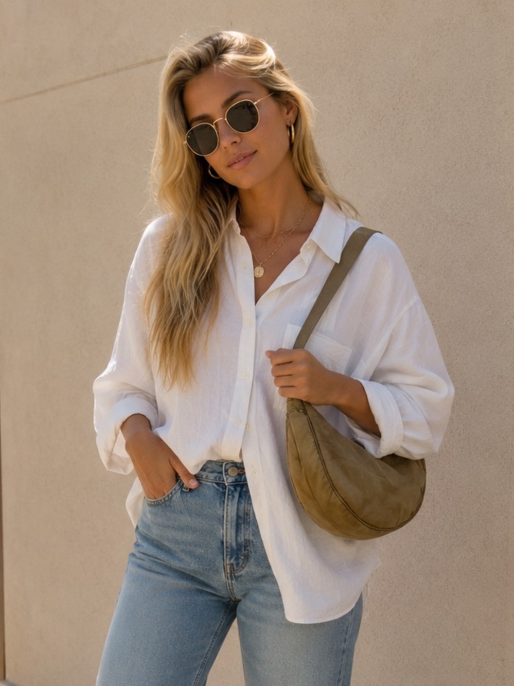 Minimalist Taupe Nylon Crescent Shoulder Bag | Scandi Clean Girl Crossbody
